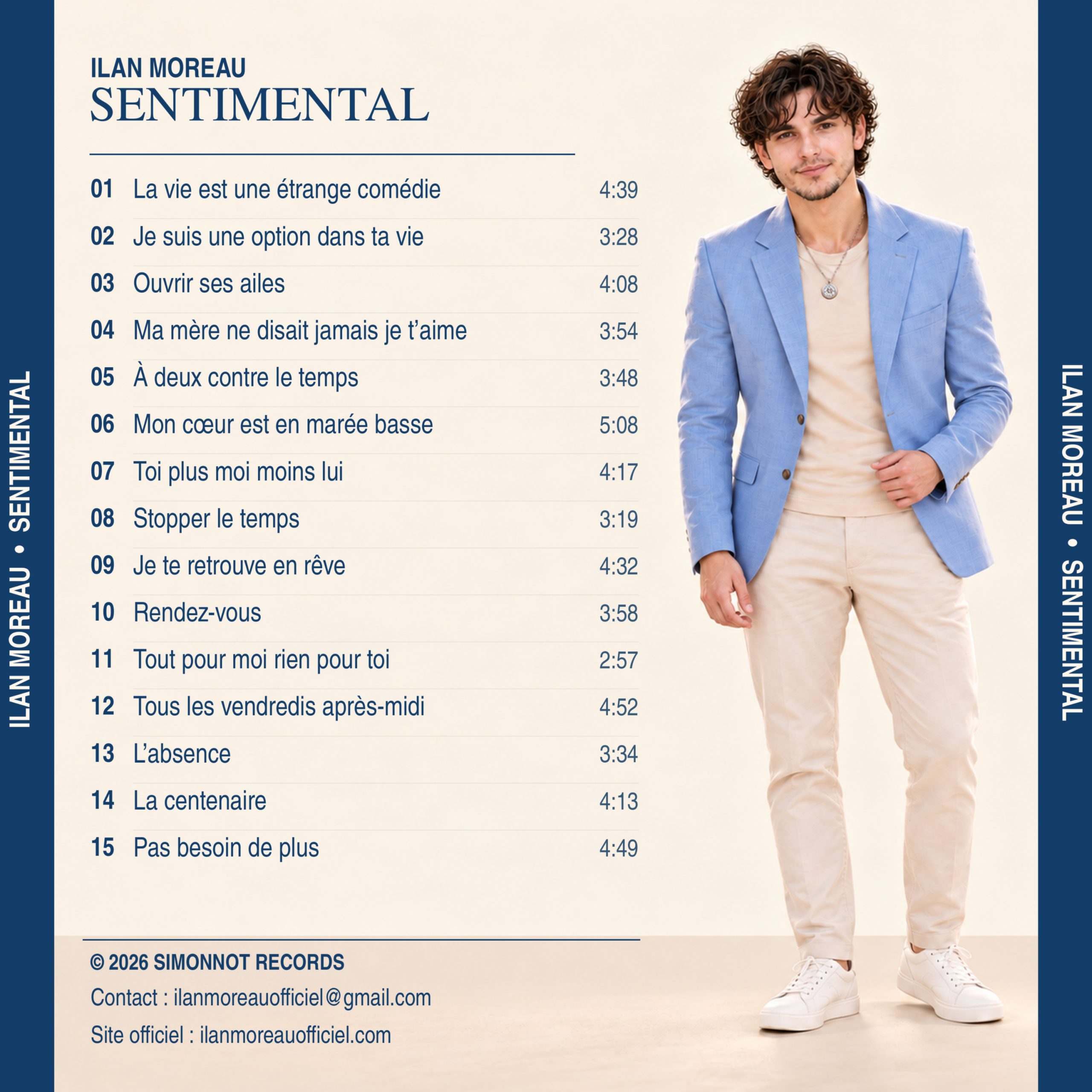 Liste des titres de l’album Sentimental d’Ilan Moreau